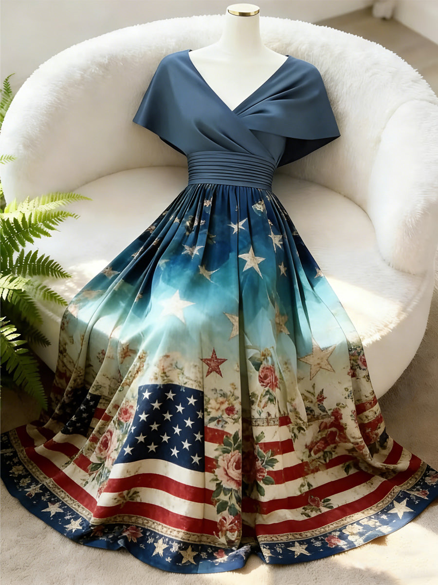 Retro Floral Art Printed Elegant V-Neck Vintage Batwing Short Sleeve Maxi Dress
